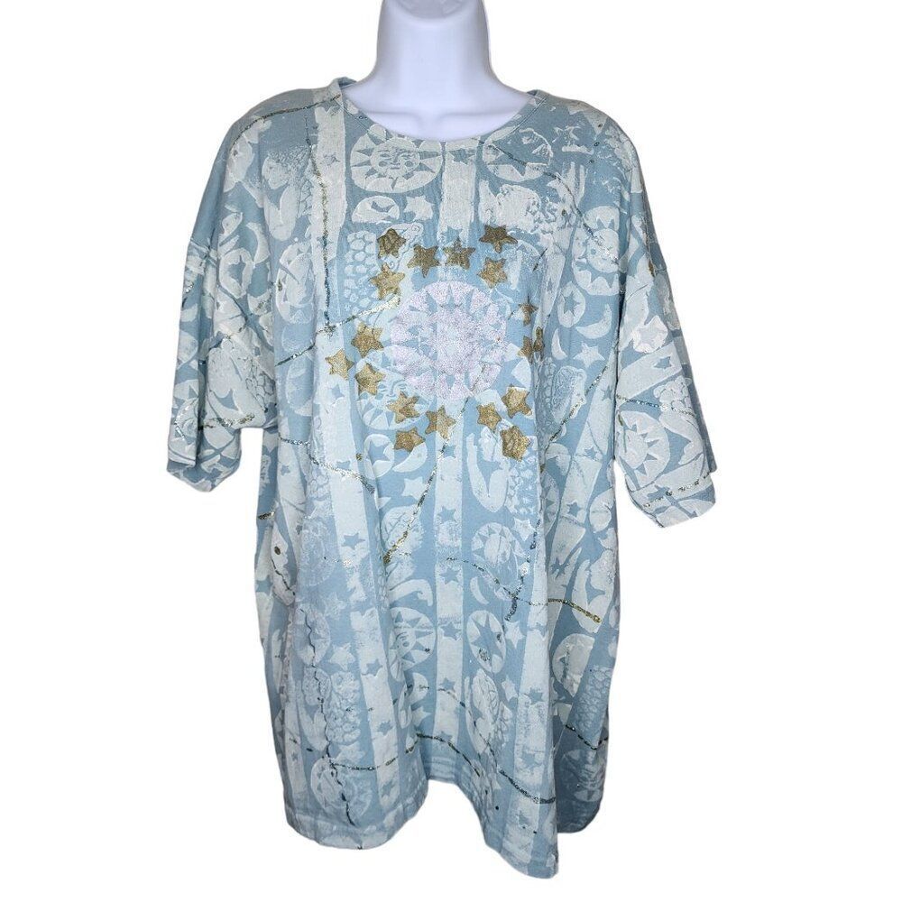 Vintage 80s Copa Cabana Celestial Sun Moon Sparkle TShirt Womens 2XL Blue
